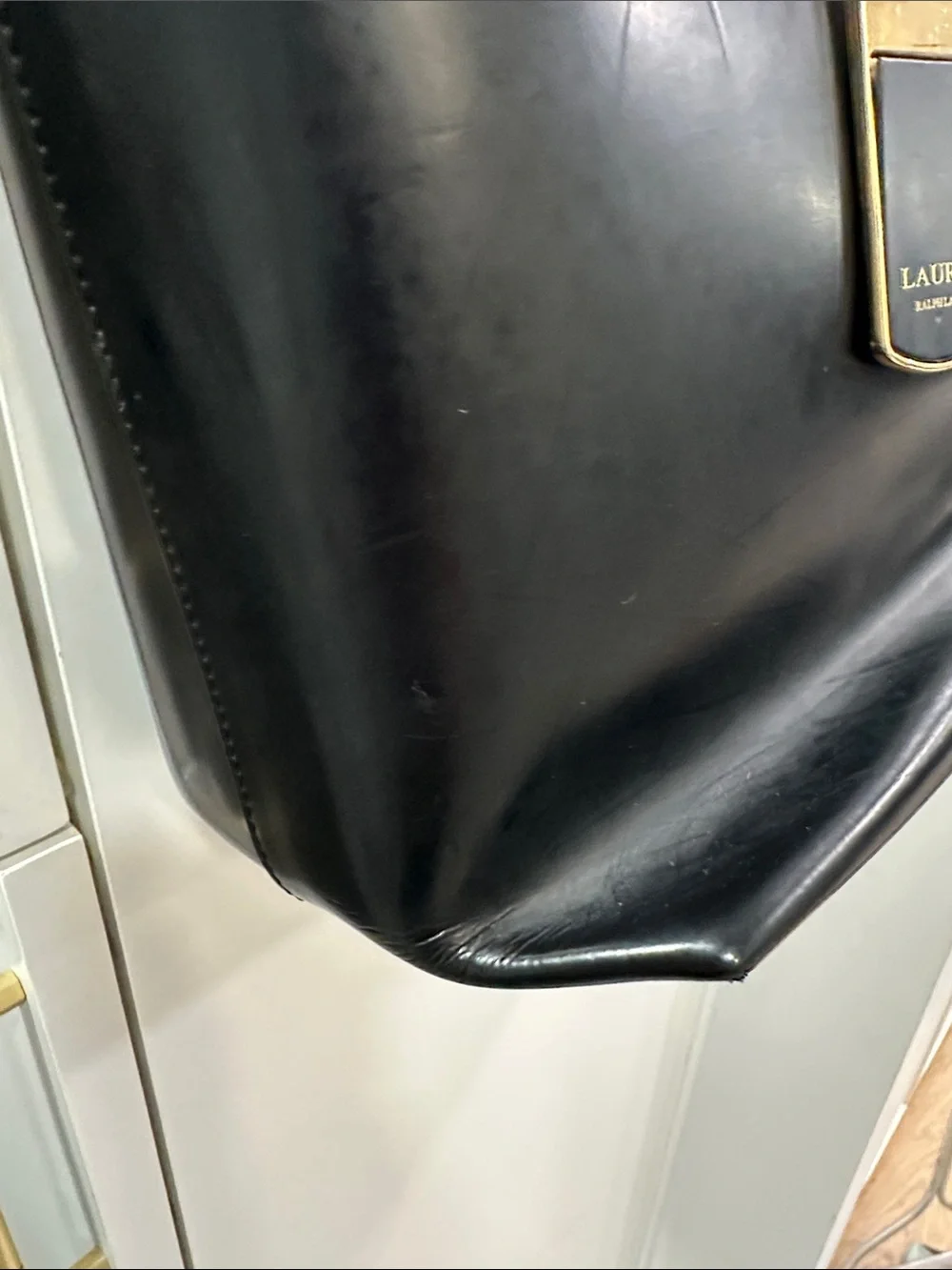 Lauren Ralph Lauren Black Leather Tote with Gold Accents